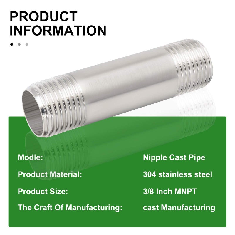 TAISHER 2Pcs Stainless Steel Pipe Fittings, 3/8" NPT x 3/8" NPT Male Threaded, 2" Length Nipple Cast Pipe - Image 5